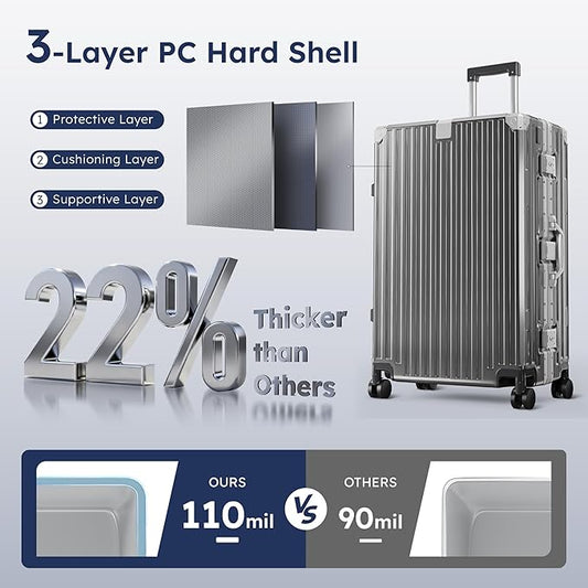 ALPHA CAMP Carry On 20 Inch Luggage, Dual Layer Aluminum Frame with TSA 22x14x9 Airline-Approved，3-Layer PC Hardside Zipperless Lightweight Suitcase，Type-C USB Charging Port, Cup Holder Grey