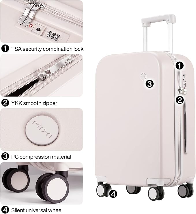 mixi Luggage Suitcase with Spinner Wheels, Hardside Rolling Suitcase PC with Cover & TSA Lock Lightweight Travel Case 24in Checked in, Off White（Slight Pink）