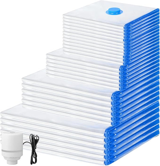 30 Pack Vacuum Storage Bags with Electric Pump, 6Jumbo/ 6Large/ 6Medium/ 6Small/ 6Roll Compression Space Saver Vacuum Seal Bags for Clothing Travel Luggage Comforters Blankets Pillows Bedding