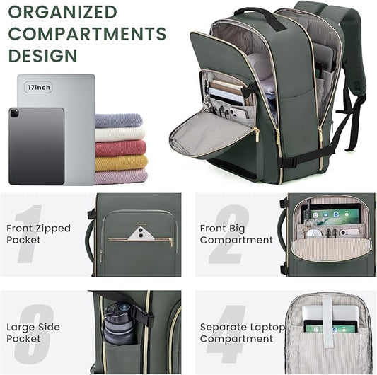 LOVEVOOK 40L Large Travel Backpack for Women Men, 17 Inch Carry on Backpack for Traveling on Airplane, Personal Item Travel Bag Airline Approved, Business Causal Weekender Backpack, Grey Green-Black