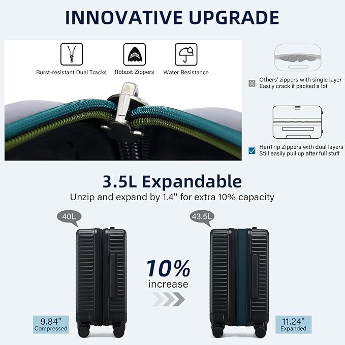 Hard Shell Suitcases Airline Approved 20 Inch Carry on Luggage with Wheels, Expandable Travel Luggage with Cup Holder Charger Built in Lightweight Small Suitcase, Black