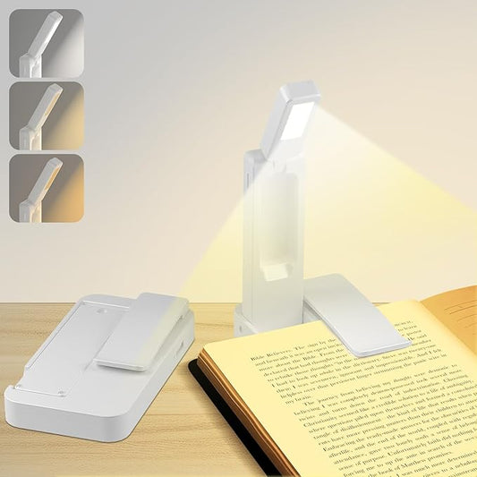 NEWZCLA【2 Pack】Rechargeable Book Light for Reading in Bed,Foldable Clip-On Reading Light,Lightweight 3 Color Amber Eye Care & Stepless Dimming,80H Lasting LED Lamp Gifts for Book Lovers,Travel/2*White