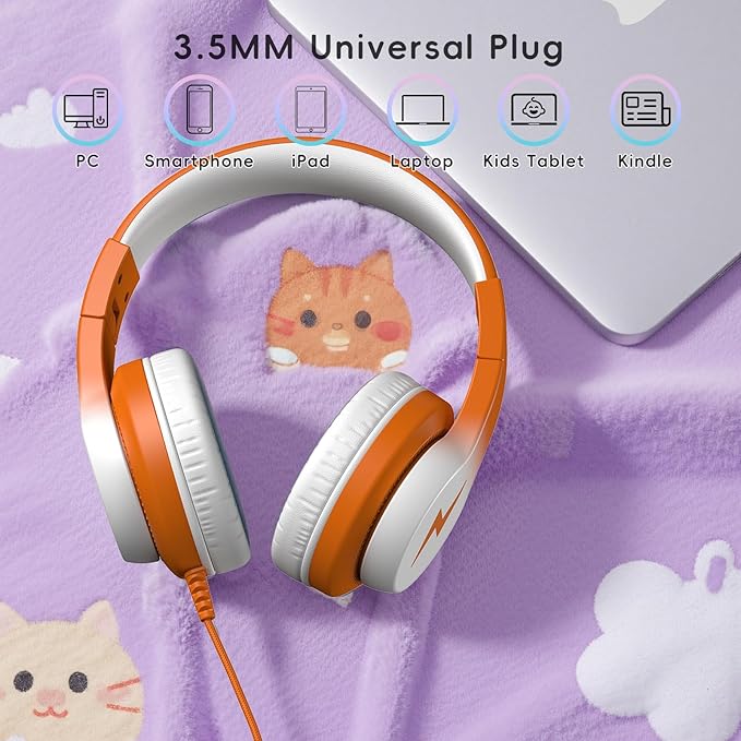Kids Headphones, Wired Headphones for Kids Over Ear with Microphone, 85/94dB Volume Limiter Headphone for Girls Boys, Foldable Headphone for Learning & Entertainment, White and Orange