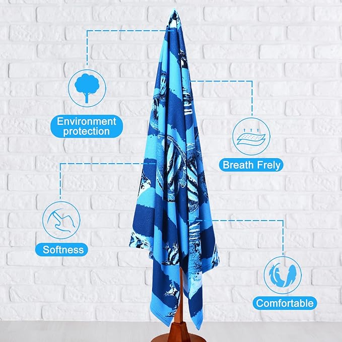 4 Packs Oversized Thin Beach Towel Set, 36 x 72 in XL Extra Large Big Soft Pool Swim Travel Towels Clearance for Adult Women Men Lounge Chair Cover Accessories Essentials Navy Blue Fish Blue Vortex