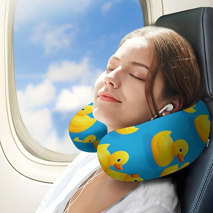 Breathable U-Shaped Neck Pillow Memory Foam Travel, Cute Funny Rubber Duck Yellow Ducky Blue U-Shape, Machine Washable Support Home Office