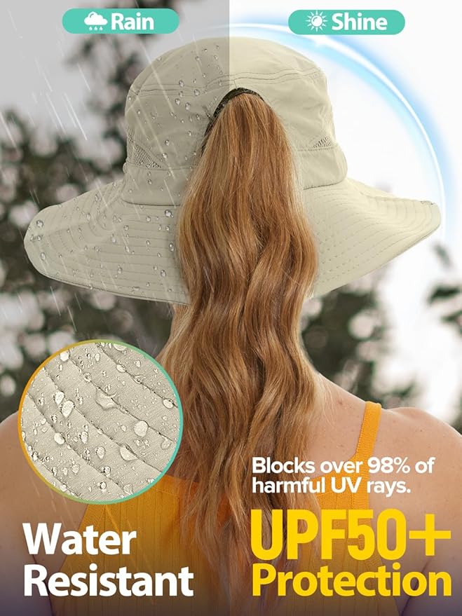 Sun Bucket Beach Hats for Women with Ponytail Hole,Sun Protection UV UPF50+ Waterproof Fishing Safari Hiking Hat