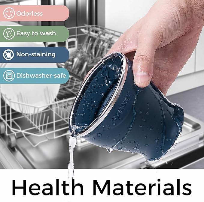 TakeToday 2PCS Collapsible Travel Cup - Silicone Foldable Water Cup, BPA-Free with Lid & Waterproof Bag - Drinking Cup Set for Camping, Outdoors & International Travel（8 Oz, Navy & Blue）