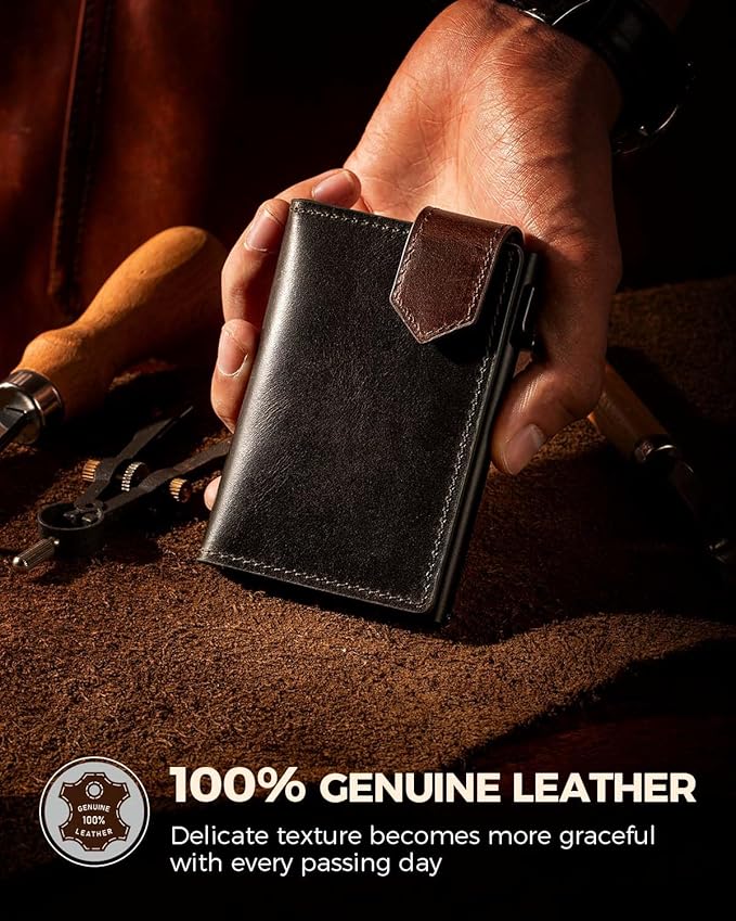 LORZOR Slim Wallet for Men with Security Latch, Pop Up Metal Card Holder Wallet, Finest Full Grain Leather Bifold Wallets, Smart, Minimalist, RFID Blocking, Front Pocket, ID Window