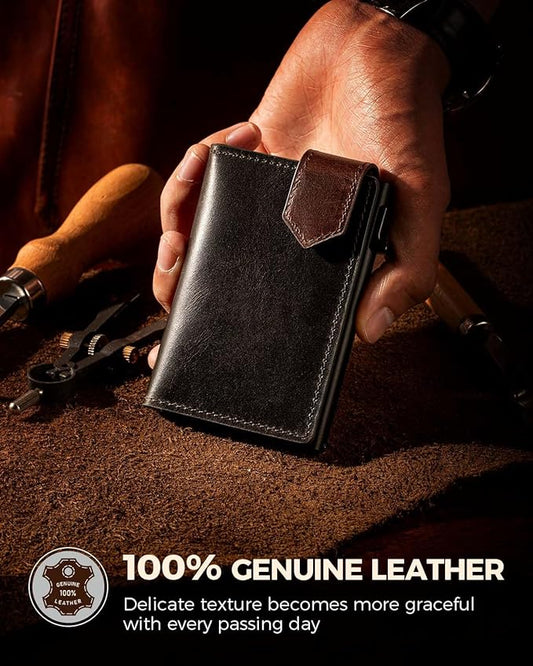 LORZOR Slim Wallet for Men with Security Latch, Pop Up Metal Card Holder Wallet, Finest Full Grain Leather Bifold Wallets, Smart, Minimalist, RFID Blocking, Front Pocket, ID Window