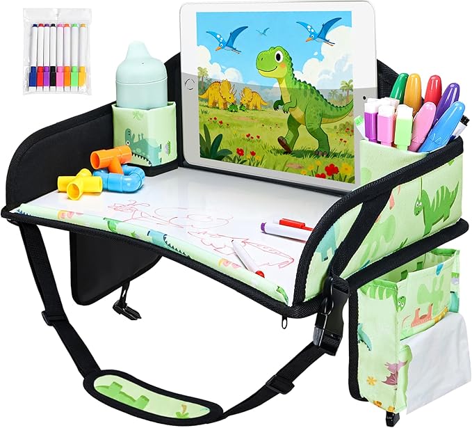 WENRENER Kids Travel Tray, Car Seat Tray for kids Travel, Toddler Road Trip Essentials With Drawing Kit, Toddler Lap Desk Organizer for Car, Carseat Table for Airplane