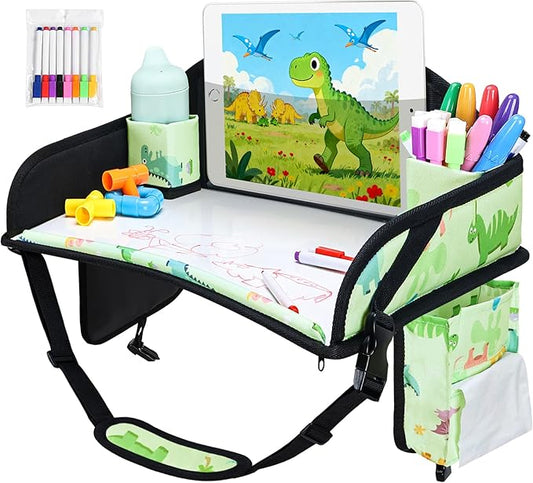 WENRENER Kids Travel Tray, Car Seat Tray for kids Travel, Toddler Road Trip Essentials With Drawing Kit, Toddler Lap Desk Organizer for Car, Carseat Table for Airplane