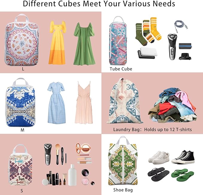 6 Pcs Compression Packing Cubes, Packing Cubes for Travel, Waterproof Luggage Organizer Bags Set, Cute Packaging Cubes for Women Kids Backpack Carry-Ons