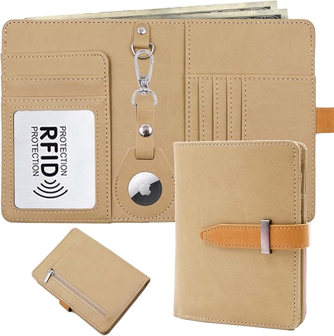 Passport Holder with Airtag for Women/Men,Airtag Passport Wallet for Travel,Cute Passport Holder Rfid Blocking,Travel Wallet for Cards Passport Cover Case (khaki)