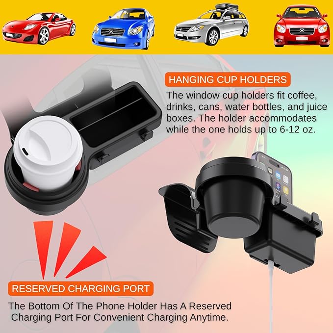 Extra Hanging Car Door Window Drink Coffee Cup Holder with Storage Organizer Tray | Coin Holder Change Organizer Fits Most Vehicles, Trucks Interior Car Gadgets Accessories