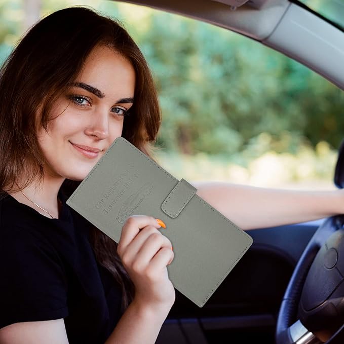 RSAquar Car Registration & Insurance Holder - Leather Glove Box Organizer, Cool Accessories for ID, Driver's License Cards & Essential Documents, Men & Women, Gray