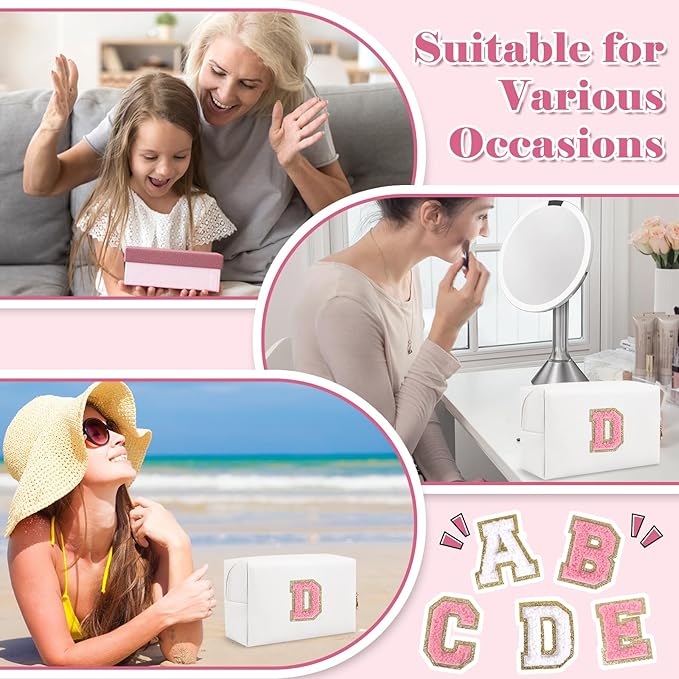 Personalized Makeup Bag Initial A-Z Preppy Patch Bag,Small PU Leather Travel Cosmetic Bag Pouch with Zipper,White Cute Toiletry Bag,Gift Ideal for Teen Girls Women Birthday Friend Mom,Letter D