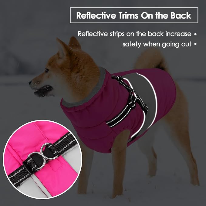 SUNFURA Dog Coat, XXL Dog Jacket Winter with Harness Built in, Waterproof Pet Snow Jacket with Furry Collar for Chilly Day, Reflective Fleece Snowsuit for Extra Large Dogs, Hot Pink 2XL