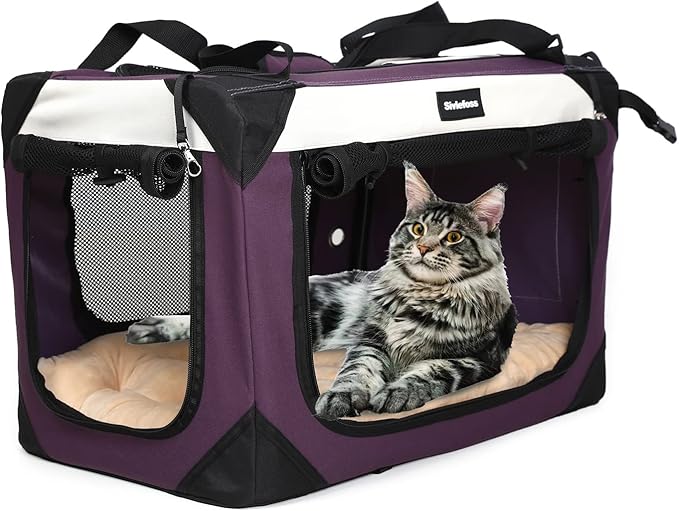 Collapsible Dog Travel Crate,Portable Soft-Sided Pet Carrier Extra Large Cat Carrier with Soft Plush Plush Mat for Indoor and Outdoor,28x20x20in,Purple