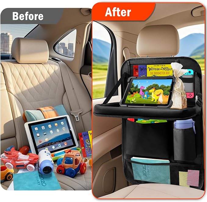 Car Backseat Organizer with Tablet Holder,6 Storage Pockets Car Storage Organizer with Foldable Food Tray,Kick Mats Backseat Protector Travel Accessories (Black)
