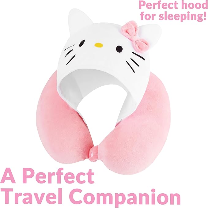 Hello Kitty Girls Teens Travel Pillow with Hood, Memory Foam Cushion Travel Accessories Flight Pillow Neck & Head Support