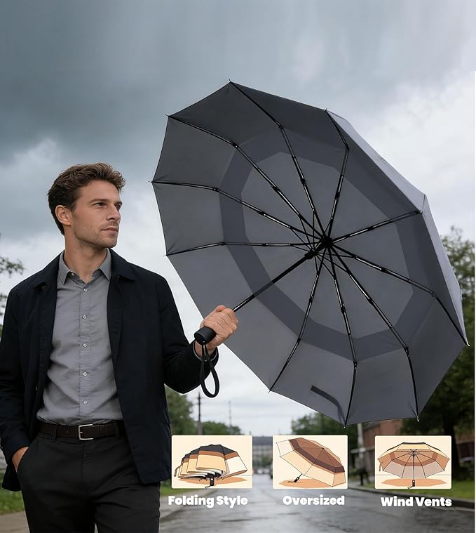MRTLLOA 49/54/62 Inch Large Folding Golf Umbrella, Oversize Double Canopy Vented 10 Ribs Windproof Compact Travel Umbrellas for Rain