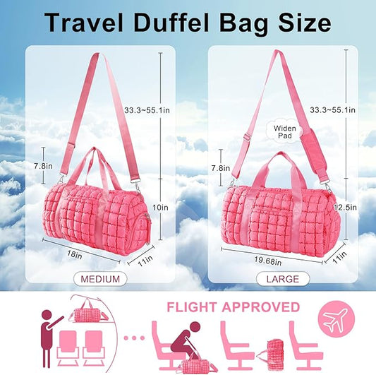 Quilted Travel Duffle Bag Gym Bag for Women,Large Puffer Duffle Weekender Bag with Compartment,Workout Overnight Carry on Organizer Bag Duffle Bag for Airplane Travel(L-Pink)