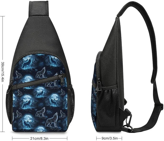SWEET TANG Men and Women Sling Bag Chest Daypack, Howling Wolf Shoulder Backpack Crossbody for Hiking Camping Running, Casual and Large Capacity Anti Theft Rucksack
