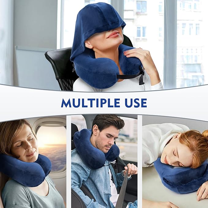 Neck Pillow with Hood - Memory Foam Neck Pillow Head Chin Support, Airplane, Car, Office & Home Sleep Rest Travel Pillows with Hood (Navy Blue, M)