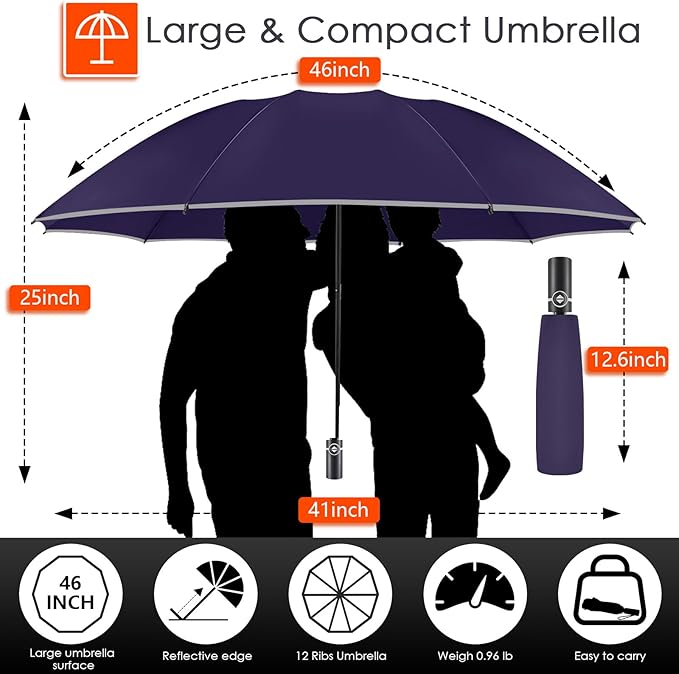 Bodyguard Inverted Umbrella - Large Windproof for Rain & Sun, Compact Reverse With Reflective Stripe, Teflon-Coated for Women Men, Travel Folding With Cover Bag