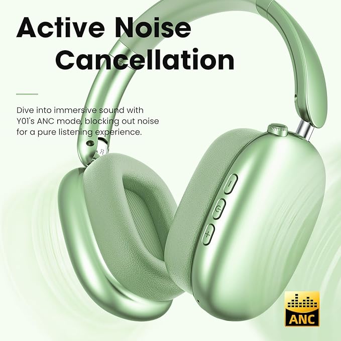 Wentronic Y01 Wireless Noise Canceling Headphones Bluetooth 5.3 Over Ear Headphones with Microphone, Hi-Res Audio, 48H Playtime, Foldable Comfortable Earpads,Compatible with iOS,Android,PC, Green