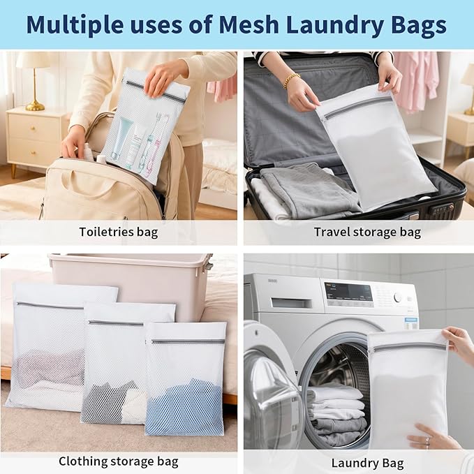 Laundry Bag Backpack with 3 Sizes Mesh Wash Bags and Shoulder Straps Foldable Clothes Hamper Bag with Drawstring Closure for College, Apartment, Laundromat (Light Blue)