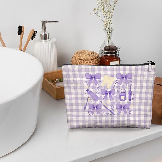 Smile Dental Care Makeup Bag, Cute Tooth & Bow Cosmetic Pouch for Dental Assistant Hygienist Dentist Gift for Women.Purple Checkered Pouch