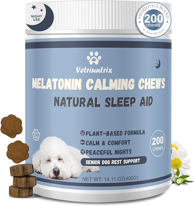Melatonin for Dogs, Calming Chews for Dogs for Sleep Aid, Fireworks, Storms, Thunder, Barking, Separation, Dog Calming Chews with Valerian Root & L-Theanine, 200 Count