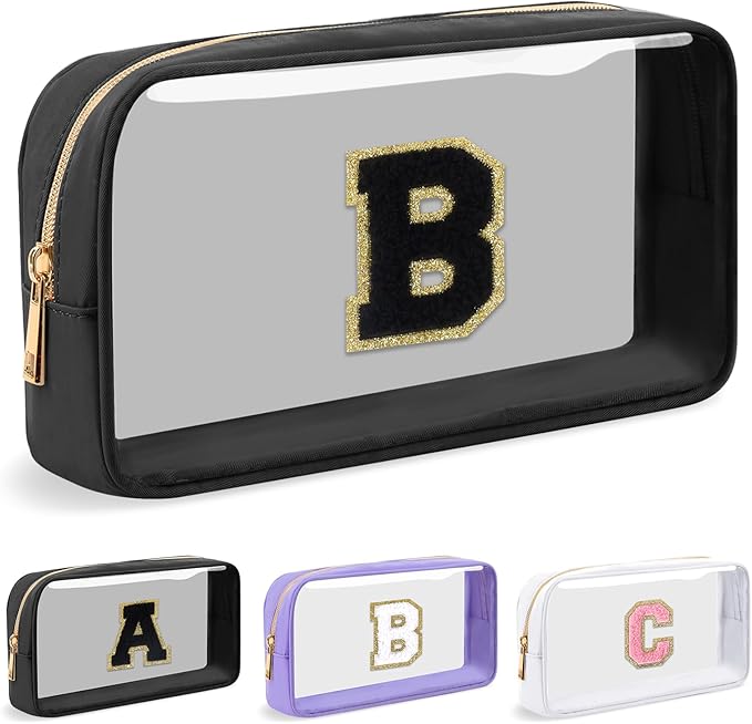 Personalized Initial Letter Clear Makeup Bag,Preppy Small Nylon&PVC Cosmetic Zipper Bag with Chenille Letter,Travel Skincare Toiletry Bag,Monogram Christmas Gift for Teen Girls Women,B