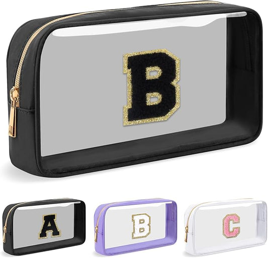 Personalized Initial Letter Clear Makeup Bag,Preppy Small Nylon&PVC Cosmetic Zipper Bag with Chenille Letter,Travel Skincare Toiletry Bag,Monogram Christmas Gift for Teen Girls Women,B