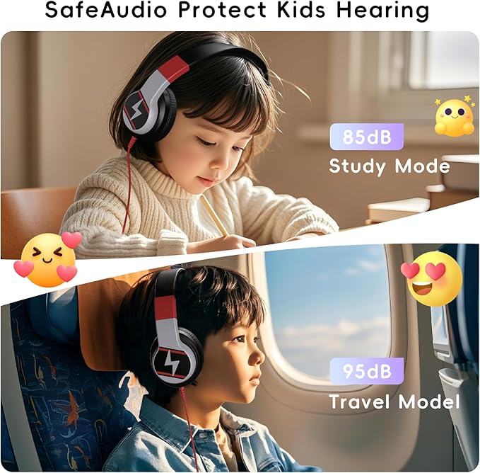 Kids Headphones, Wired Headphones for Kids Over Ear with Microphone, 85/94dB Volume Limiter Headphone for Girls Boys, Foldable Headphone for Learning & Entertainment, Black and Red