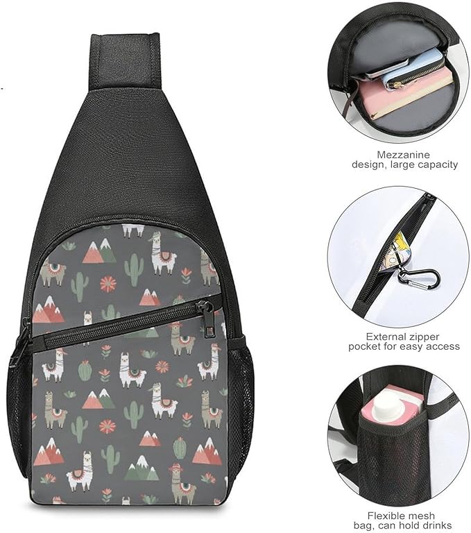 SWEET TANG Fashion Sling Backpack, Lightweight Sling Shoulder Bag, Outdoor Chest Crossbody Bike Gym Runner Daypack with Adjustable Strap for Men Women, Llama Alpaca Cactus