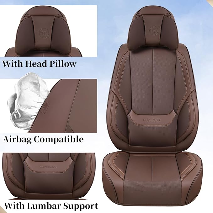 Coverado Universal Seat Covers Front, 2-Pack Universal Seat Covers for Cars, Waterproof Nappa Leather Car Seat Covers with Head Pillow, Auto Protectors Fit for Most Sedans SUV Pick-up Truck-Brown