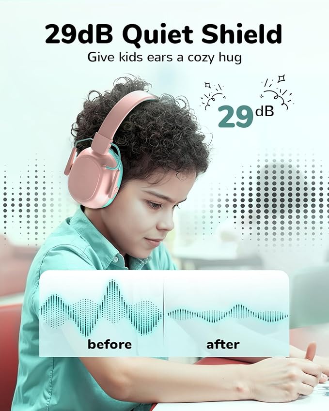 Kids Noise Cancelling Headphones, Sound Proof Ear Protection, 29dB SNR Noise Reduction Bluetooth 6.0 Earmuff, 94dB Lock - 80H Playtime, Hearing Protection for Autism, Shooting Gun Range Mowing (Pink)