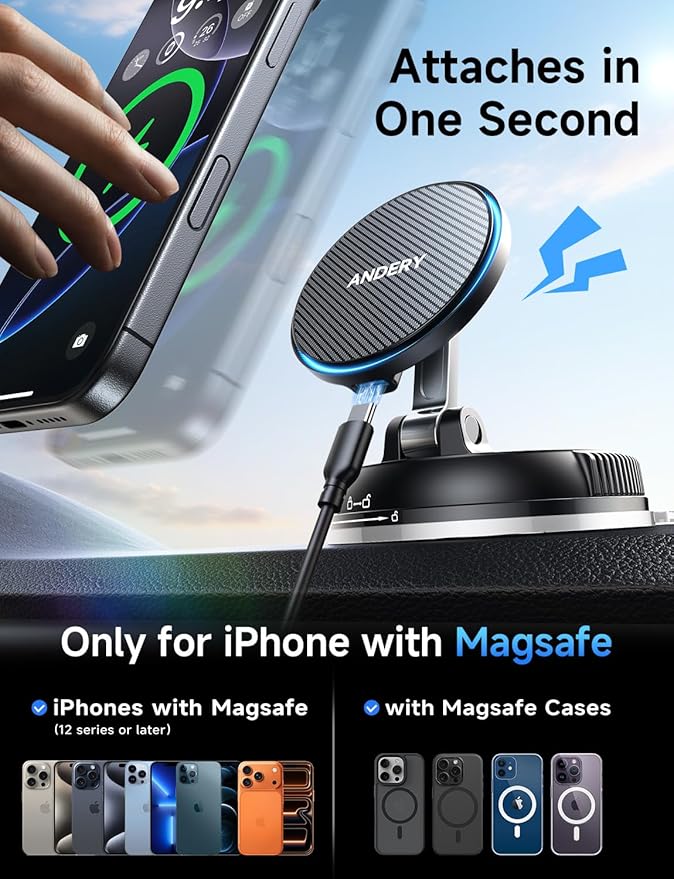 ANDERY Only for iPhone Magsafe Car Mount Charger [15W Wireless Faster Charging, 78+LBS Strongest Suction, 2400gf Strongest Magnetic] 360° Adjustable, Phone Holders for Your Car for iPhone 17-12