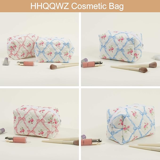 Makeup Bag Travel Cosmetic Bag for Women Girls, Zipper Make Up Pouch, Floral Flowers Toiletry Organizer Makeup, Portable Storage Bag, Cosmetic Travel Cloth Bag (Pink+Pink Bowknot)
