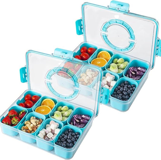 Snackle Box Container with Sealed Lid – Portable BPA-Free Snack Box with Foldable Handle, Divided Serving Tray for Fruit, Candy, Nuts & Veggies – Perfect for Travel, Picnic, Beach & Party 11.8" x 8.8"