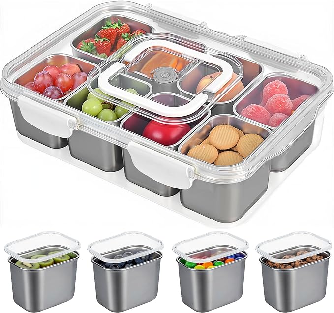 Snackle Box Container, 304 Stainless Steel Snack Containers, Portable Snacklebox for Veggie, Candy, Divided Serving Tray with Lid and Handle, 8 Compartment Fruit Platter for Party, Picnic, Travel