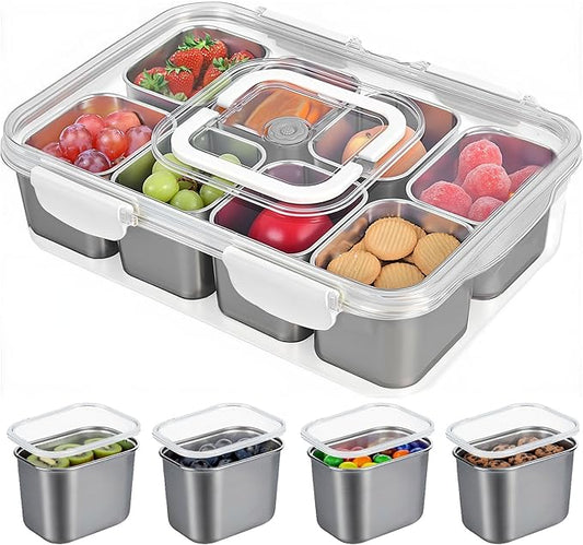 Snackle Box Container, 304 Stainless Steel Snack Containers, Portable Snacklebox for Veggie, Candy, Divided Serving Tray with Lid and Handle, 8 Compartment Fruit Platter for Party, Picnic, Travel