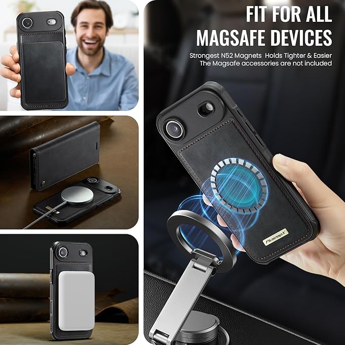 PlusnapX Wallet Case for iPhone Air Compatible with Magsafe, 2-in-1 PU Leather Flip RFID Blocking Card Holder Stand ShockAirof Magnetic Detachable Cover for iPhone 17 Air Case 6.5", Black