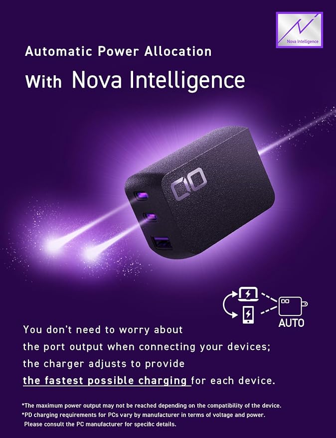 CIO 65W USB C Charger Block, Max 67W GaN Fast Charging Brick w/Dual Type-C Ports & Type-A, USBC Adapter, Multi Travel Charger Block, NovaPort Trio II 2C1A (Black)