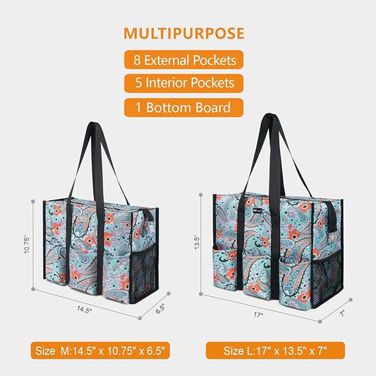 TOPDesign Utility Water Resistant Tote Bag with 13 Pockets, Top Zipper Closure & Thick Bottom Support, for Working Women