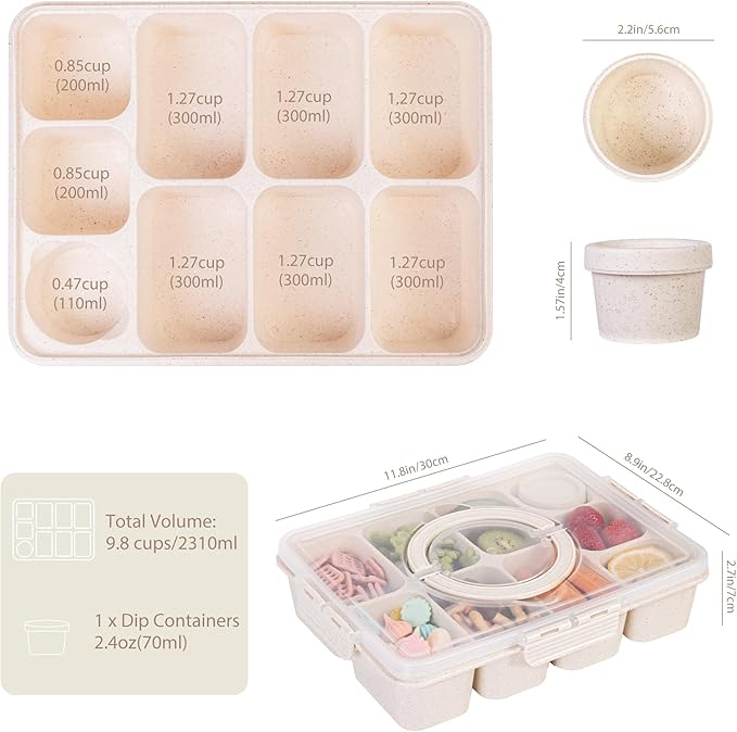 Wheat Straw Snackle Box Container,Dishwasher Safe-9 Compartment Divided Serving Tray with Lid and Handle, Built-in Dip Containers,BPA-Free,White