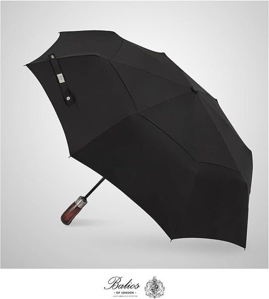 Balios Travel Folding Umbrella with Real Wood Handle Auto Open Close Vented Windproof Canopy - Designed in UK