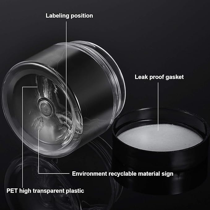 SATINIOR 12 Pack 2 oz Plastic Container Jars with Lids Round Clear Travel Cosmetic Container Slime Jars for Toiletries, Lotion, Cream, Ointments, Makeup, Rhinestone, Samples, Kitchen Storage(Black)